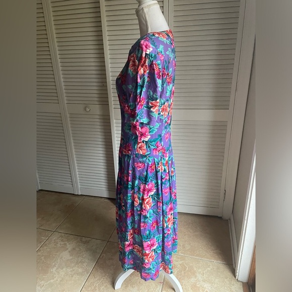 Vintage 80s David Benjamin Floral Drop Waist Midi Dress Prairie CottageCore - Picture 5 of 11